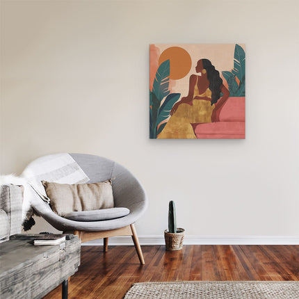 Canvas schilderij kamer Vrouw in een Gele Jurk Zittend op een Bank