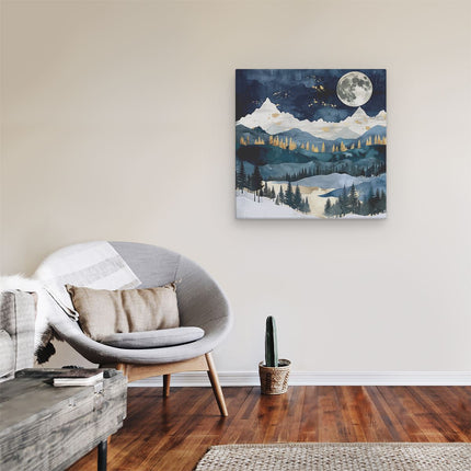 Canvas schilderij kamer Aquarelkunstwerk van een Besneeuwd Landschap met een Volle Maan