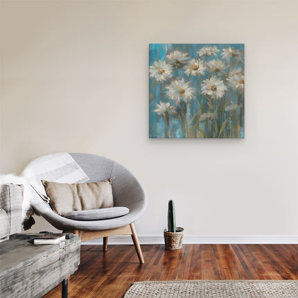 Canvas schilderij kamer Kunstwerk van Witte Madeliefjes op een Blauwe Achtergrond