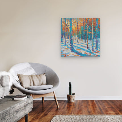Canvas schilderij kamer Kunstwerk van een Besneeuwd Bos bij Zonsondergang