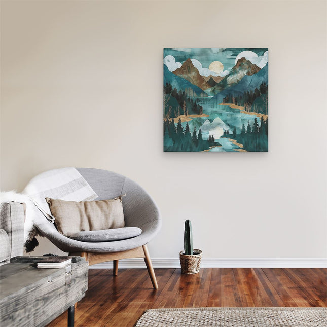 Canvas schilderij kamer Aquarelkunstwerk van Bergen en een Meer