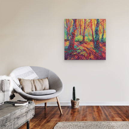 Canvas schilderij kamer Kleurrijk Kunstwerk van Bomen in een Bos