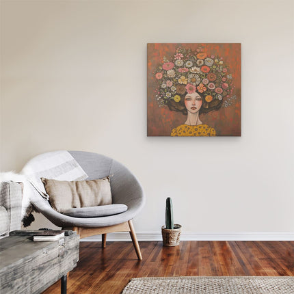 Canvas schilderij kamer Vrouw met Bloemen op haar Hoofd