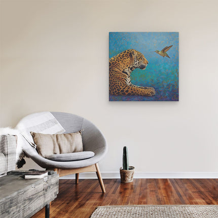 Canvas schilderij kamer Kunstwerk van een Jaguar en een Kolibrie