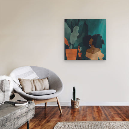 Canvas schilderij kamer Illustratie van een Vrouw met Afrohaar en een Potplant