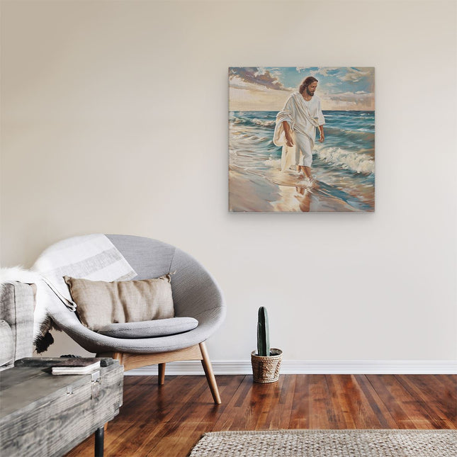 Canvas schilderij kamer Jezus loopt op het Strand