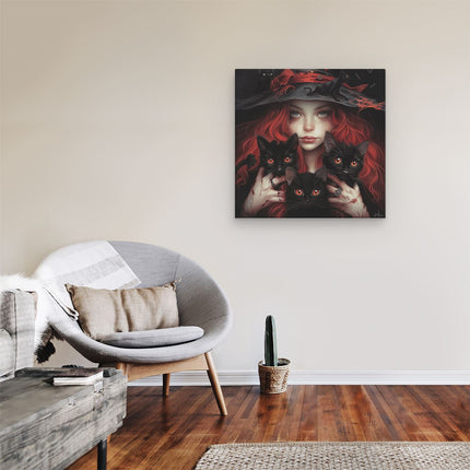 Canvas schilderij kamer Meisje met Zwarte Katten die een Heksenhoed Vasthouden