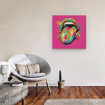 Canvas schilderij kamer De Tong van de Rollende Stenen op een Roze Achtergrond