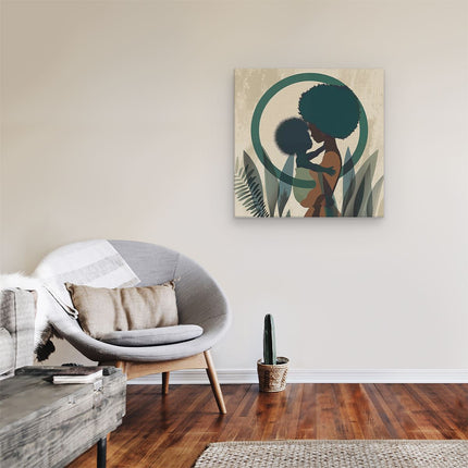 Canvas schilderij kamer Vrouw met Afrohaar Houdt een Baby in haar Armen
