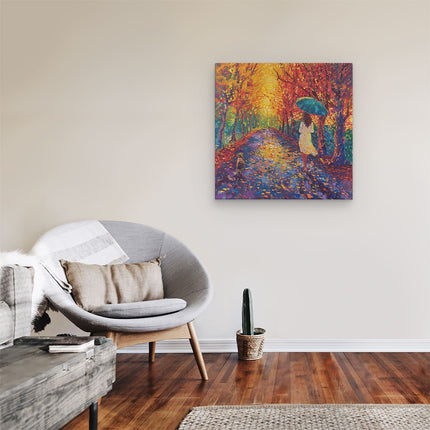 Canvas schilderij kamer Vrouw loopt een Pad Af met een Paraplu