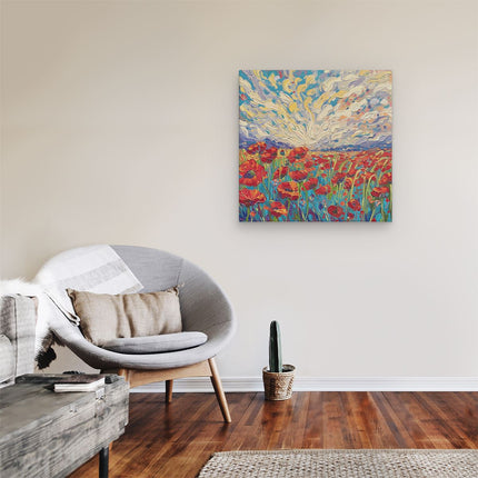 Canvas schilderij kamer Rode Klaprozen in een Veld met een Blauwe Lucht