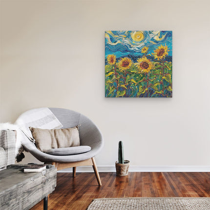 Canvas schilderij kamer Kunstwerk van Zonnebloemen in een Veld