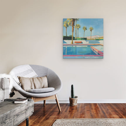 Canvas schilderij kamer Kunstwerk van een Zwembad met Palmbomen