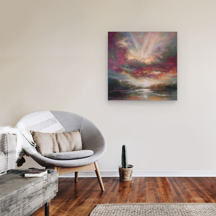 Canvas schilderij kamer Kunstwerk van een Zonsondergang boven een Rivier