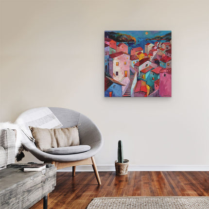 Canvas schilderij kamer Kleurrijk Kunstwerk van een Stad bij Nacht