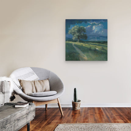 Canvas schilderij kamer Kunstwerk van een Grasveld met een Boom