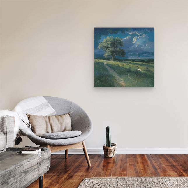 Canvas schilderij kamer Kunstwerk van een Grasveld met een Boom