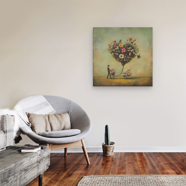 Canvas schilderij kamer Man die een Kar Voortduwt met een Hartvormig Boeket Bloemen
