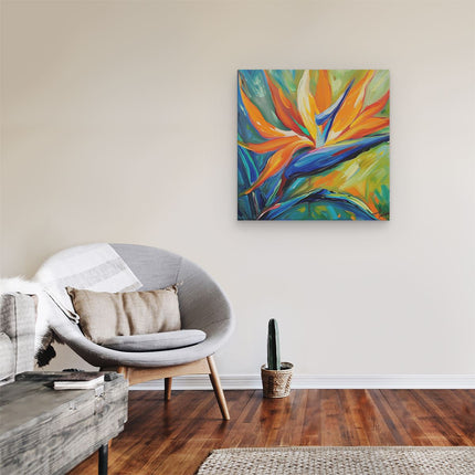 Canvas schilderij kamer Oranje en Blauw Kunstwerk van een Paradijsvogelbloem