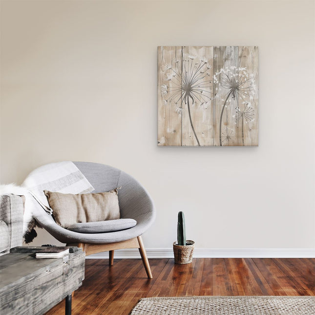 Canvas schilderij kamer Paardebloemen op een Houten Plank