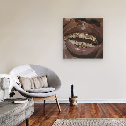 Canvas schilderij kamer Man die Lacht met Gouden Beugels op zijn Tanden