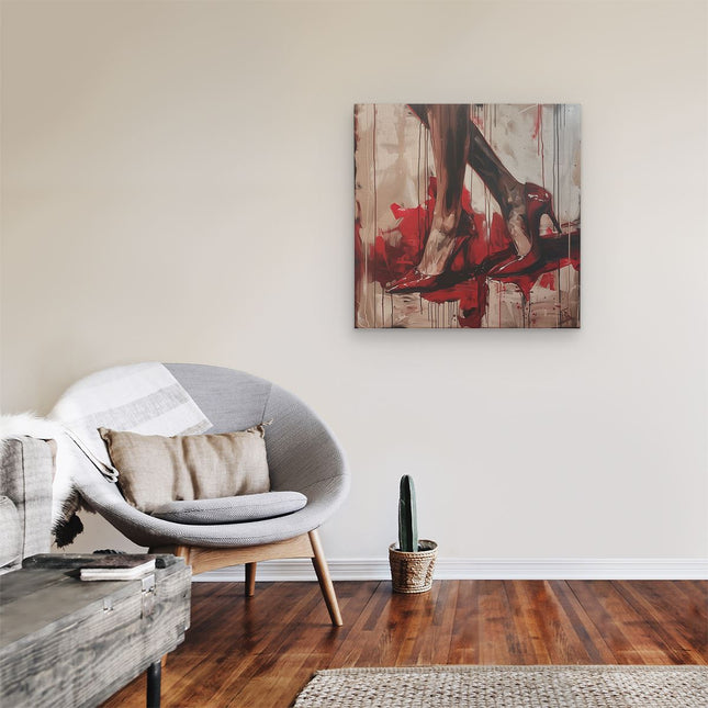 Canvas schilderij kamer Kunstwerk van een Vrouw in Rode Schoenen met Hoge Hakken