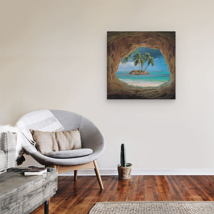 Canvas schilderij kamer Grot met Uitzicht op de Oceaan en Palmbomen