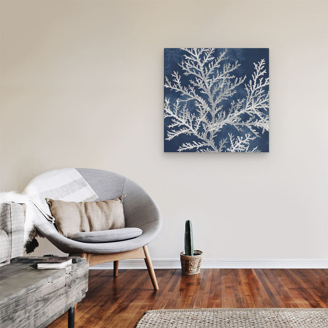 Canvas schilderij kamer Afbeelding van een Boom met Witte Takken op een Blauwe Achtergrond