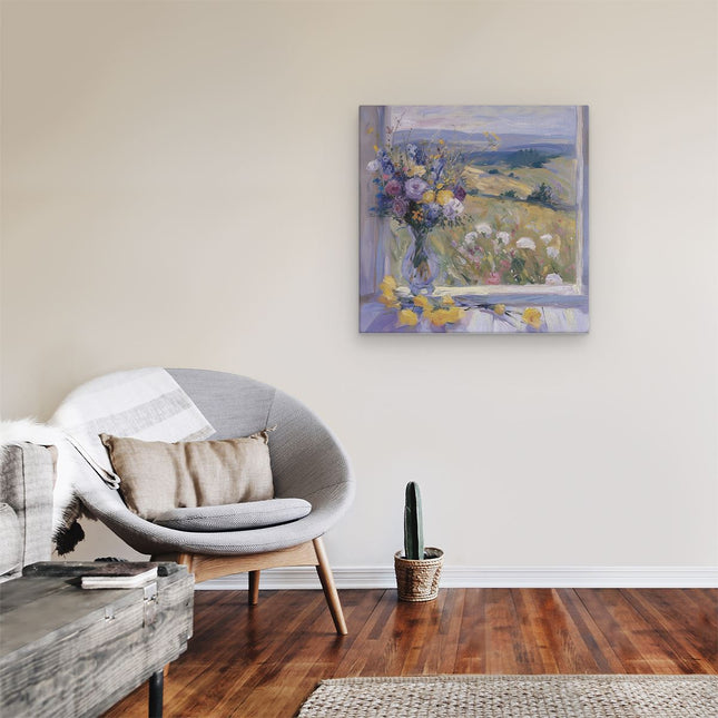 Canvas schilderij kamer Kunstwerk van Bloemen op een Vensterbank