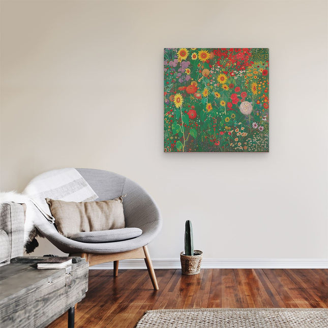 Canvas schilderij kamer Kunstwerk van een Tuin met Zonnebloemen en andere Bloemen