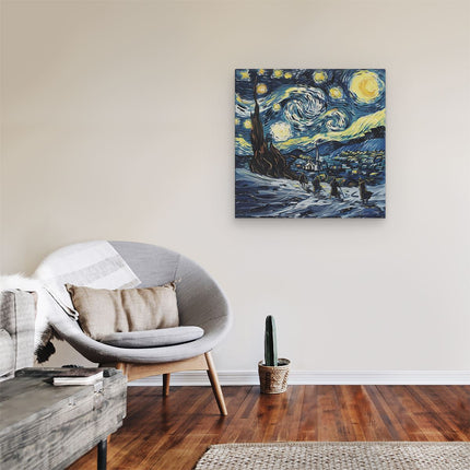 Canvas schilderij kamer Kunstwerk van een Sterrennacht met Mensen op Ski's
