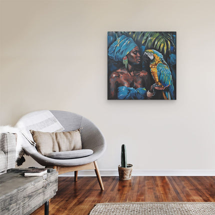 Canvas schilderij kamer Kunstwerk van een Vrouw met een Papegaai
