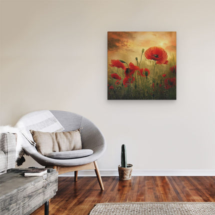 Canvas schilderij kamer Rode Papavers in een Veld bij Zonsondergang