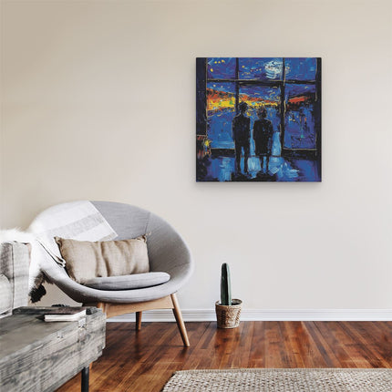 Canvas schilderij kamer Twee Mensen die 's Nachts uit een Raam Kijken
