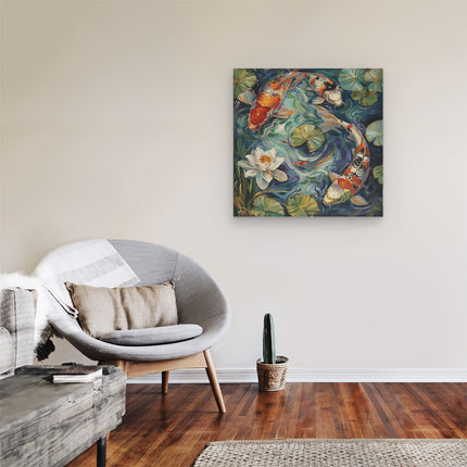 Canvas schilderij kamer Drie Koivissen in een Vijver met Waterlelies