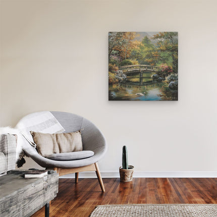 Canvas schilderij kamer Kunstwerk van een Brug over een Vijver met Zwanen