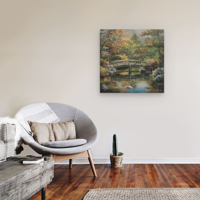 Canvas schilderij kamer Kunstwerk van een Brug over een Vijver met Zwanen