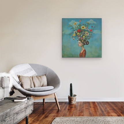 Canvas schilderij kamer Vrouw met Bloemen op haar Hoofd