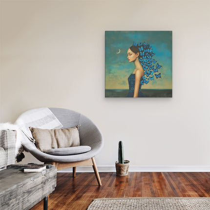 Canvas schilderij kamer Vrouw met Blauwe Vlinders op haar Hoofd