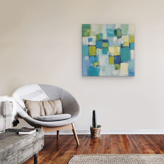 Canvas schilderij kamer Abstract Kunstwerk met Blauwe, Groene en Gele Vierkanten