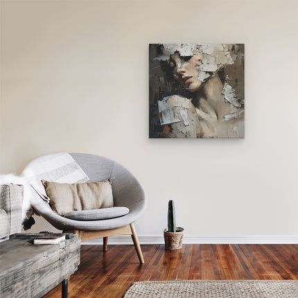 Canvas schilderij kamer Kunstwerk van een Vrouw met haar Gezicht Bedekt met Papier
