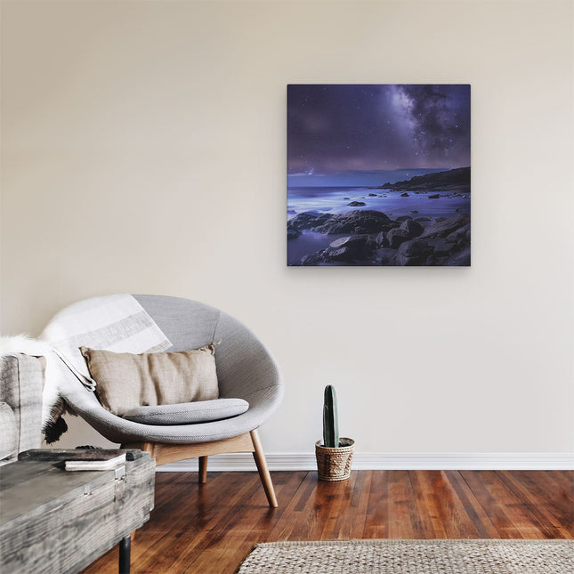Canvas schilderij kamer Nachtelijke Hemel met Sterren en een Rotsachtig Strand