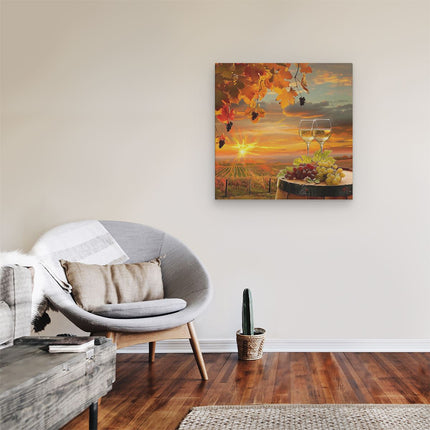 Canvas schilderij kamer Twee Glazen Wijn en Druiven op een Vat bij Zonsondergang