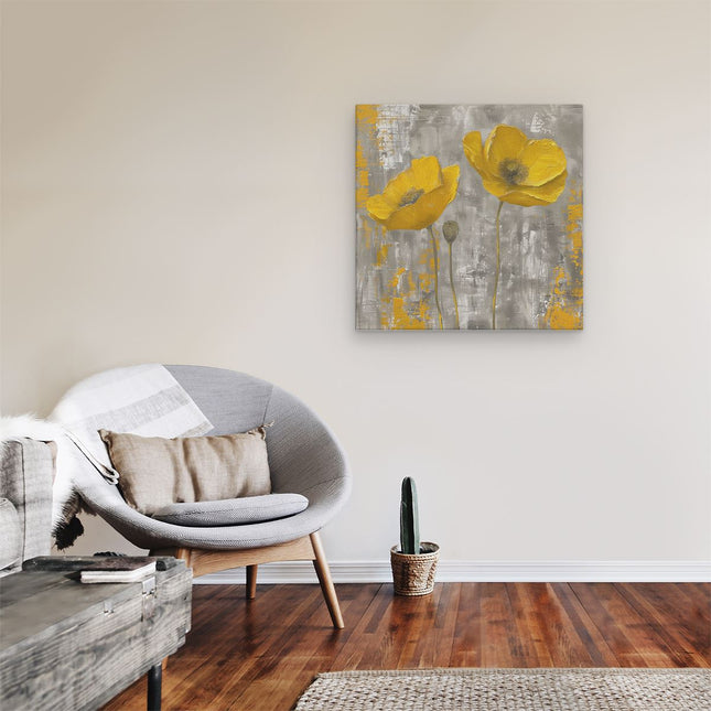 Canvas schilderij kamer Twee Gele Klaprozen op een Grijze Achtergrond