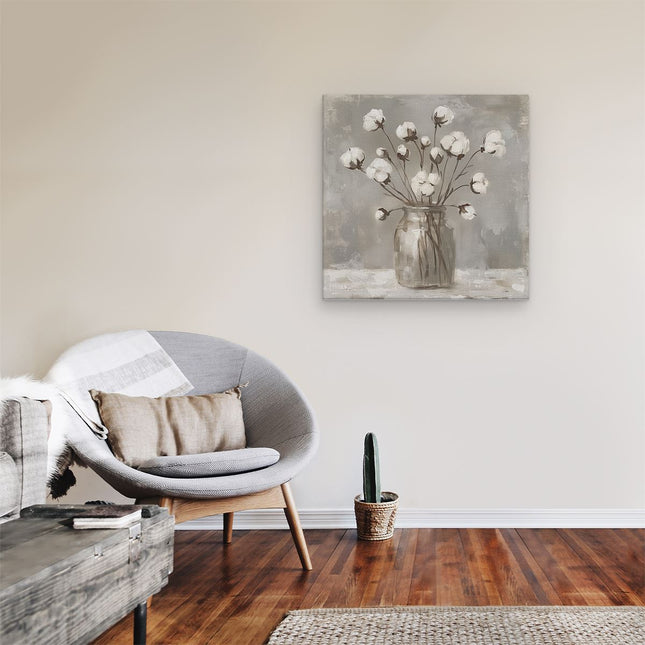 Canvas schilderij kamer Witte Katoenen Bloemen in een Glazen Pot