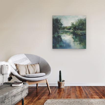 Canvas schilderij kamer Kunstwerk van een Rivier Omgeven door Bomen
