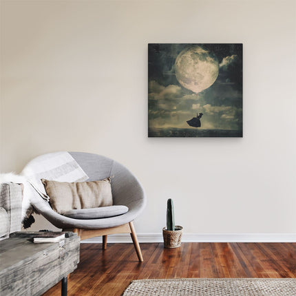 Canvas schilderij kamer Vrouw Vliegt een Ballon over de Maan