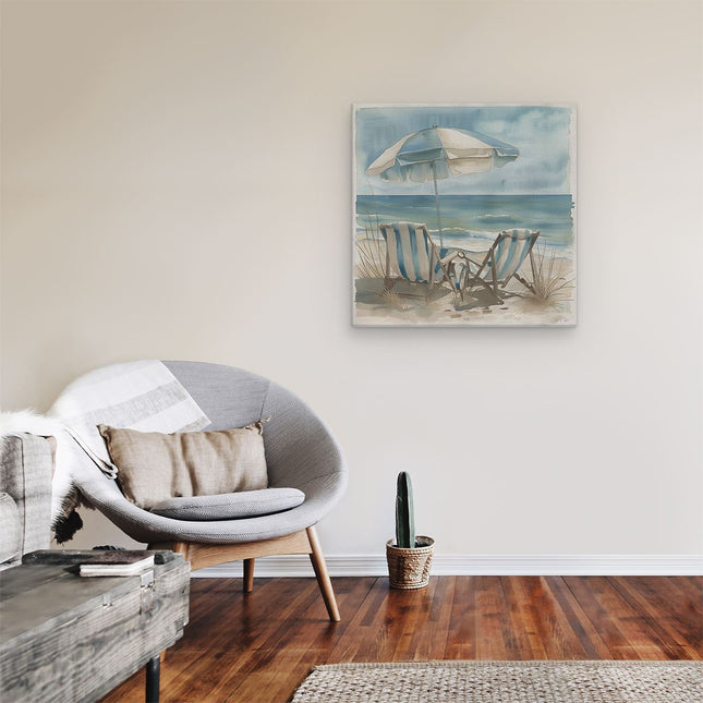Canvas schilderij kamer Twee Stoelen op het Strand met een Parasol