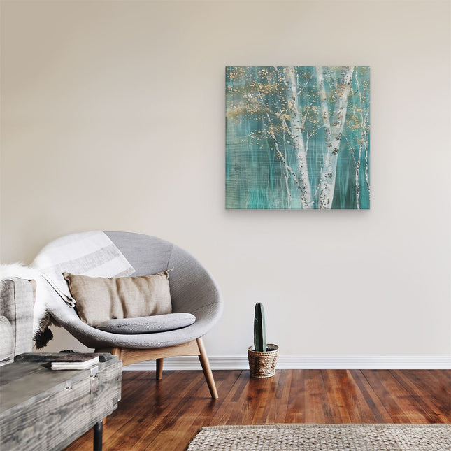 Canvas schilderij kamer Kunstwerk van Berkenbomen in Turkoois en Goud