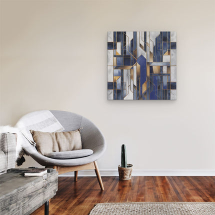 Canvas schilderij kamer Blauw en Goud Geometrisch Patroon op een Witte Achtergrond